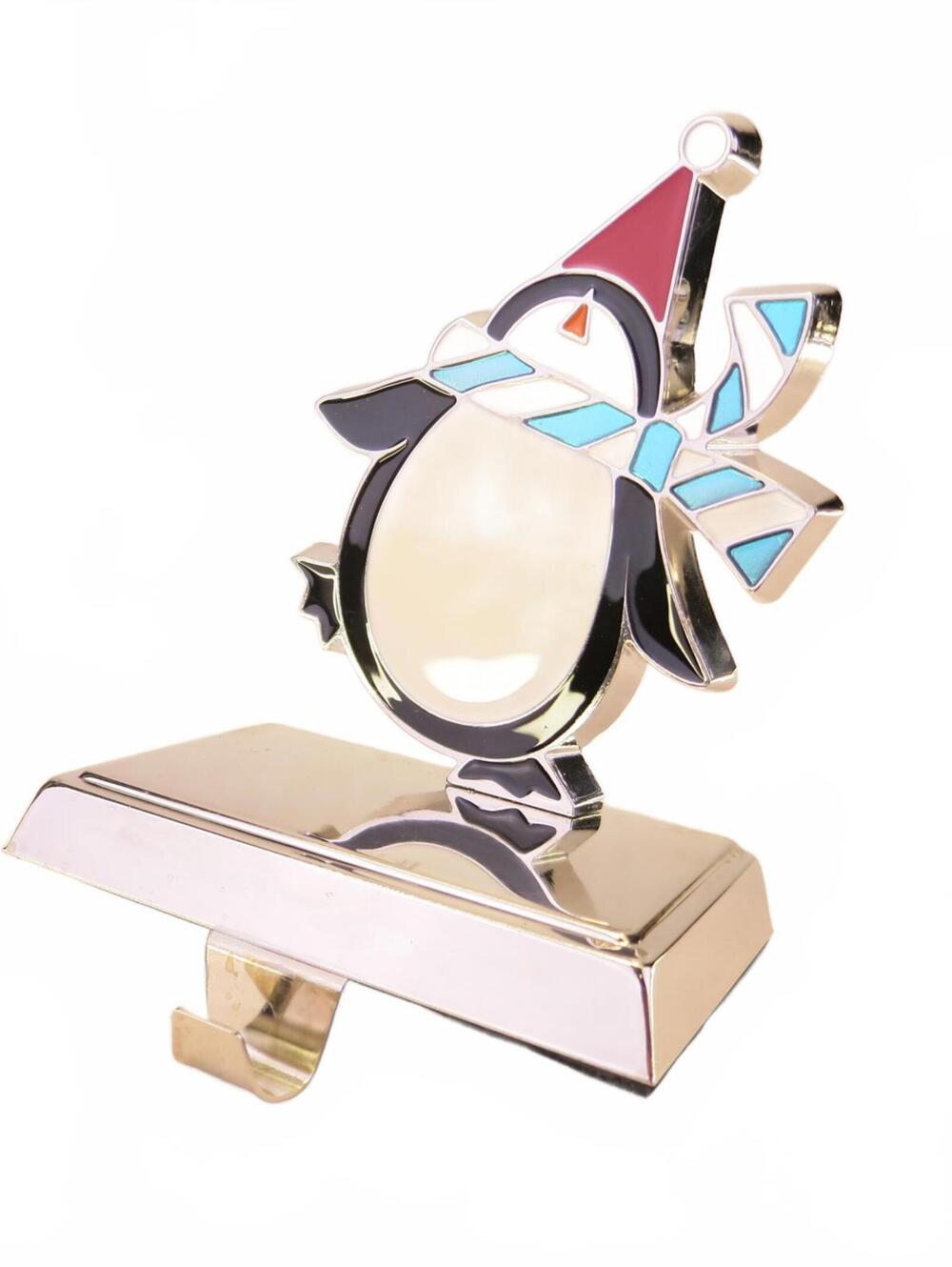 Enamel on Metal Cute Penguin Christmas Stocking Holder 5.75" tall Vintage